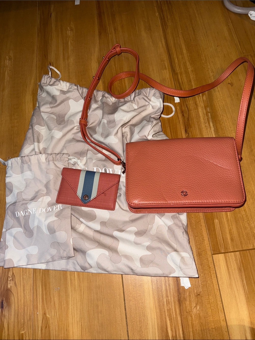 Dagne Dover Coral/Salmon Leather Crossbody with Matching Card Holder